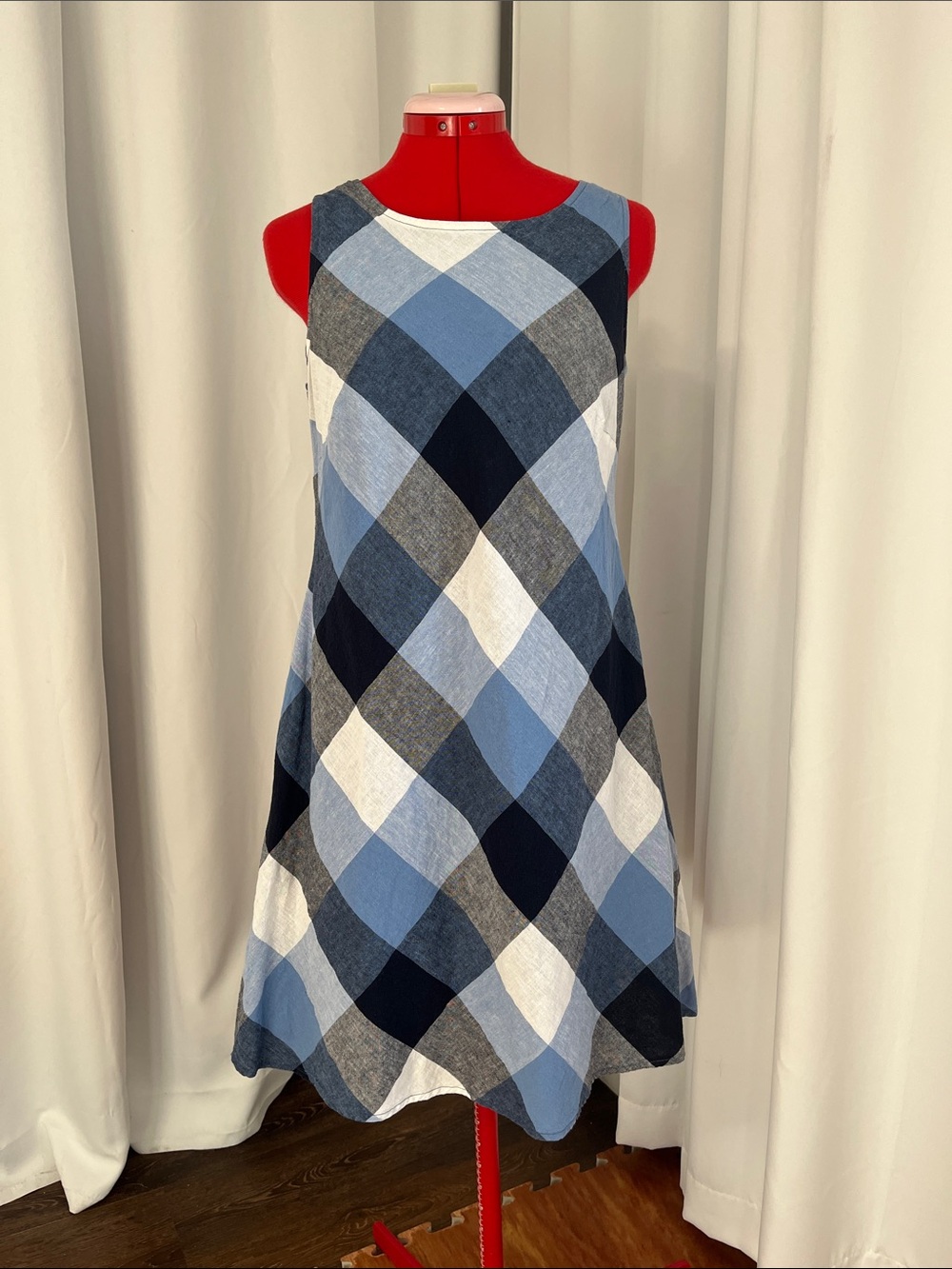 Blue Plaid Sleeveless A-Line Dress